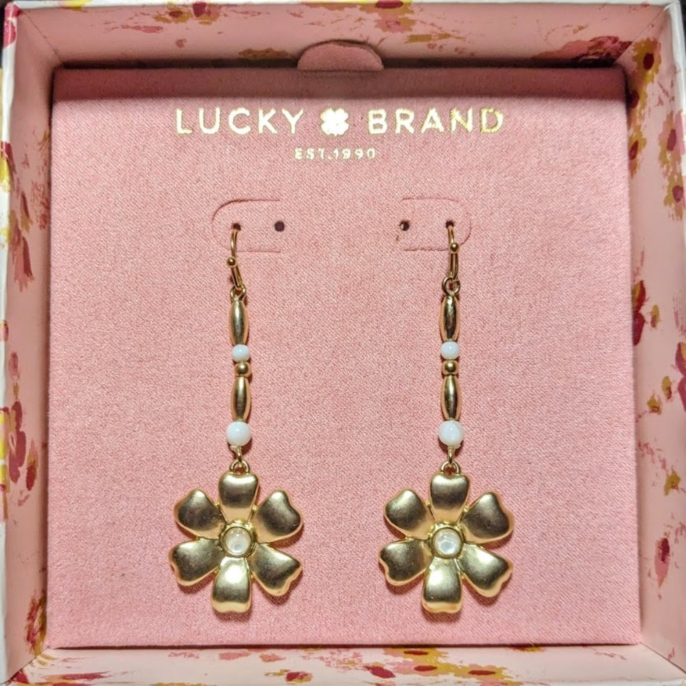 LUCKY BRAND Goldtone Daisy Long Dangle Earrings - NEW in Box